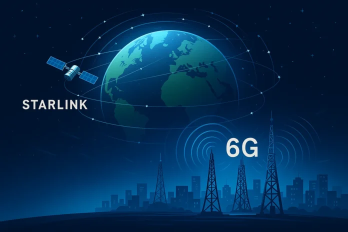 6G vs Starlink Who Will Be the Real King of the Internet Illustration showing Starlink satellite network orbiting Earth and 6G towers on the ground, representing the battle for future internet dominance.