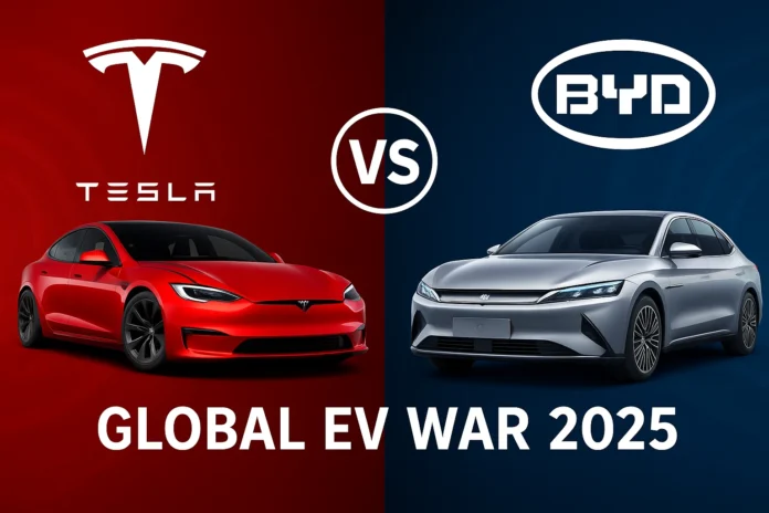 Tesla vs BYD The Real EV War of 2025 – Global Domination Battle Tesla vs BYD 2025 – Global EV War Promotional Banner Image